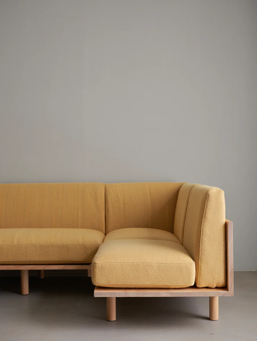 L-Shape Sofa (compact, cheapest local wood / plywood + fabric)